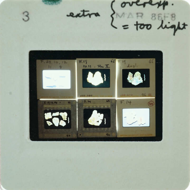 A set of six small images, possibly slides or film strips, with handwritten annotations on a white background.