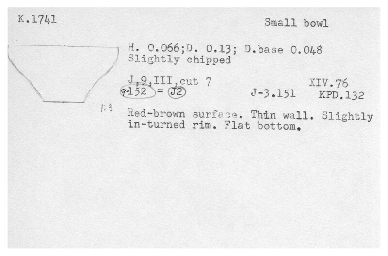 Index card with typed and handwritten information, sometimes including a sketch, of pottery from an excavation.