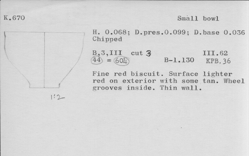 Index card with typed and handwritten information, sometimes including a sketch, of pottery from an excavation.