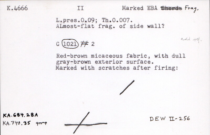 Index card with typed and handwritten information, sometimes including a sketch, of pottery from an excavation.