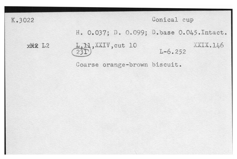 Index card with typed and handwritten information, sometimes including a sketch, of pottery from an excavation.