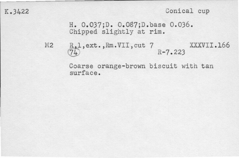 Index card with typed and handwritten information, sometimes including a sketch, of pottery from an excavation.