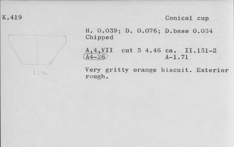 Index card with typed and handwritten information, sometimes including a sketch, of pottery from an excavation.