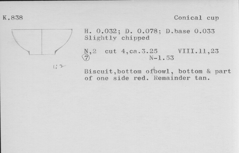 Index card with typed and handwritten information, sometimes including a sketch, of pottery from an excavation.