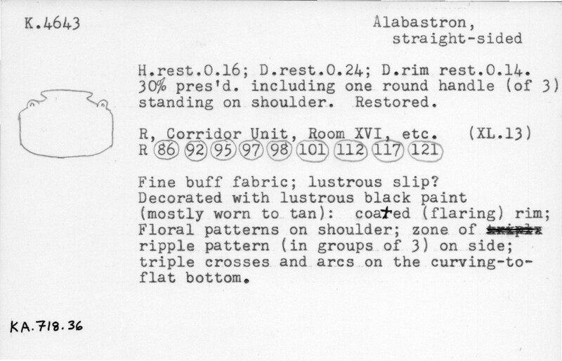 Index card with typed and handwritten information, sometimes including a sketch, of pottery from an excavation.