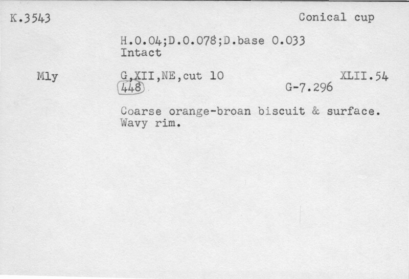 Index card with typed and handwritten information, sometimes including a sketch, of pottery from an excavation.