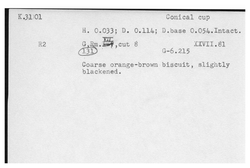 Index card with typed and handwritten information, sometimes including a sketch, of pottery from an excavation.