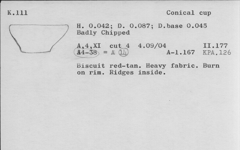 Index card with typed and handwritten information, sometimes including a sketch, of pottery from an excavation.