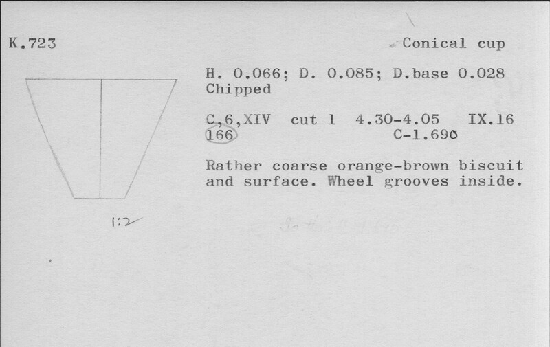 Index card with typed and handwritten information, sometimes including a sketch, of pottery from an excavation.