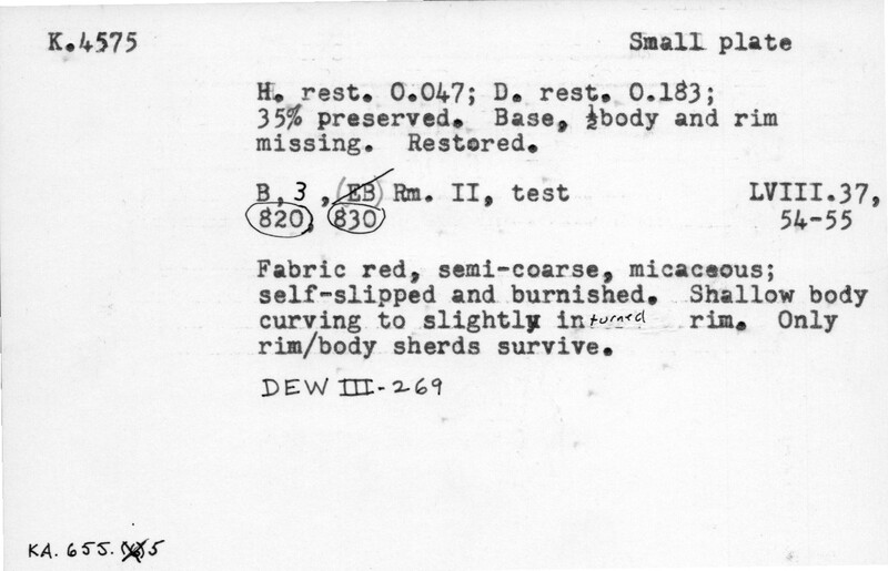 Index card with typed and handwritten information, sometimes including a sketch, of pottery from an excavation.