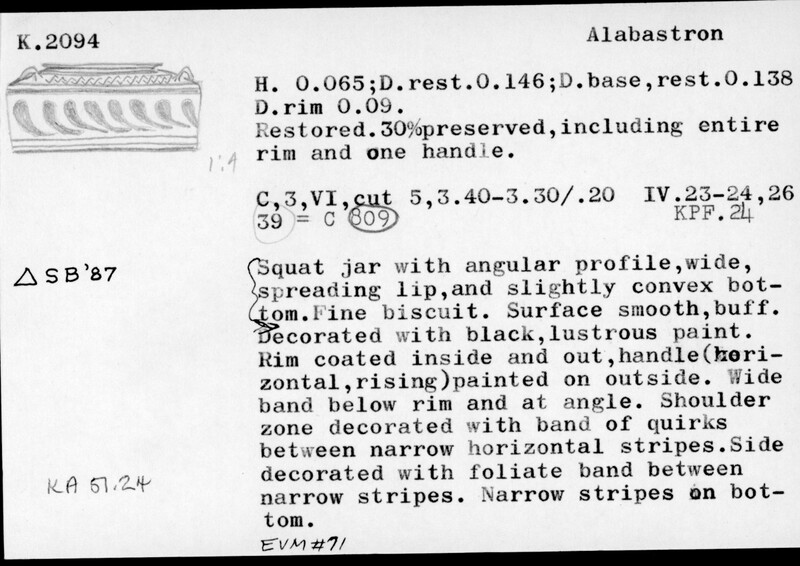 Index card with typed and handwritten information, sometimes including a sketch, of pottery from an excavation.