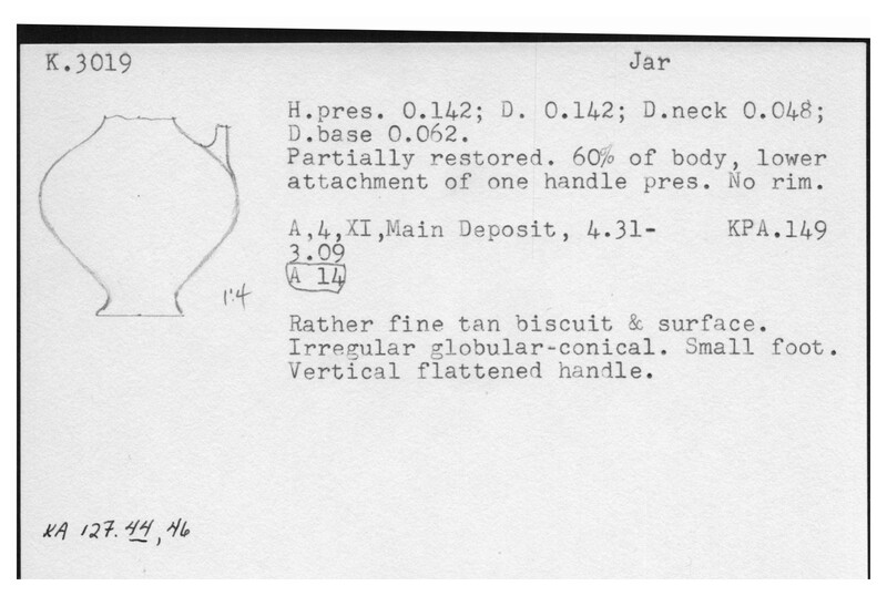 Index card with typed and handwritten information, sometimes including a sketch, of pottery from an excavation.