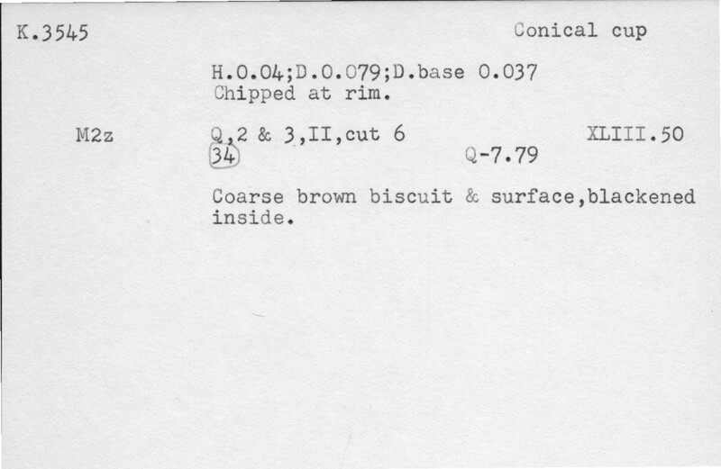 Index card with typed and handwritten information, sometimes including a sketch, of pottery from an excavation.