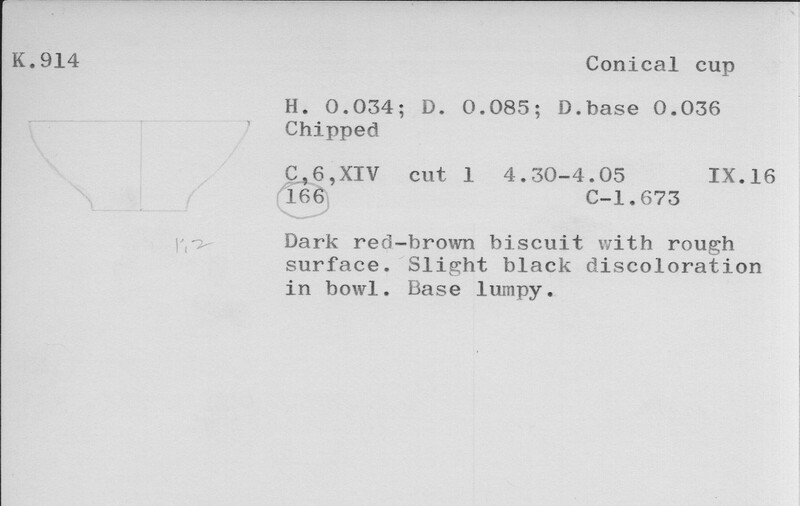 Index card with typed and handwritten information, sometimes including a sketch, of pottery from an excavation.