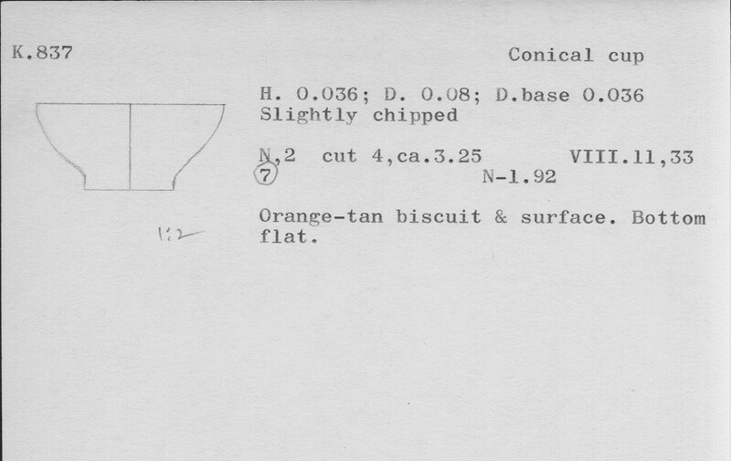 Index card with typed and handwritten information, sometimes including a sketch, of pottery from an excavation.