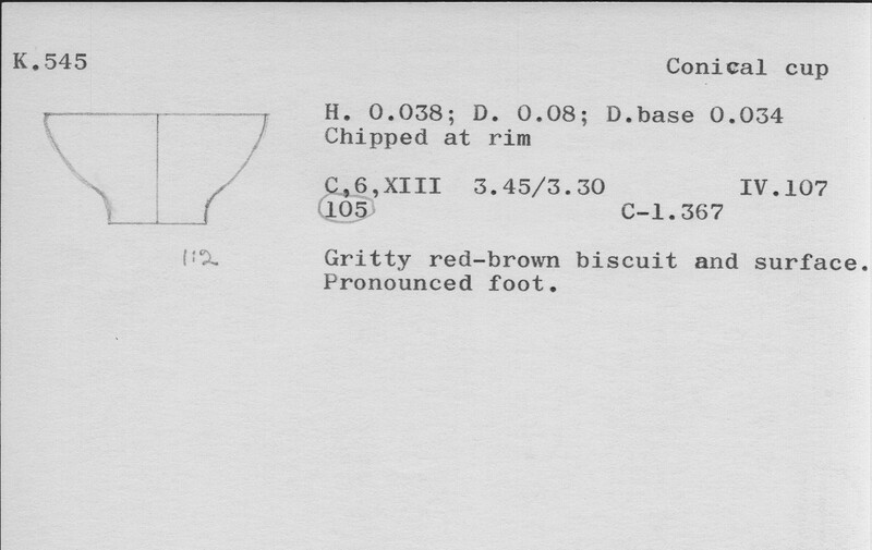 Index card with typed and handwritten information, sometimes including a sketch, of pottery from an excavation.