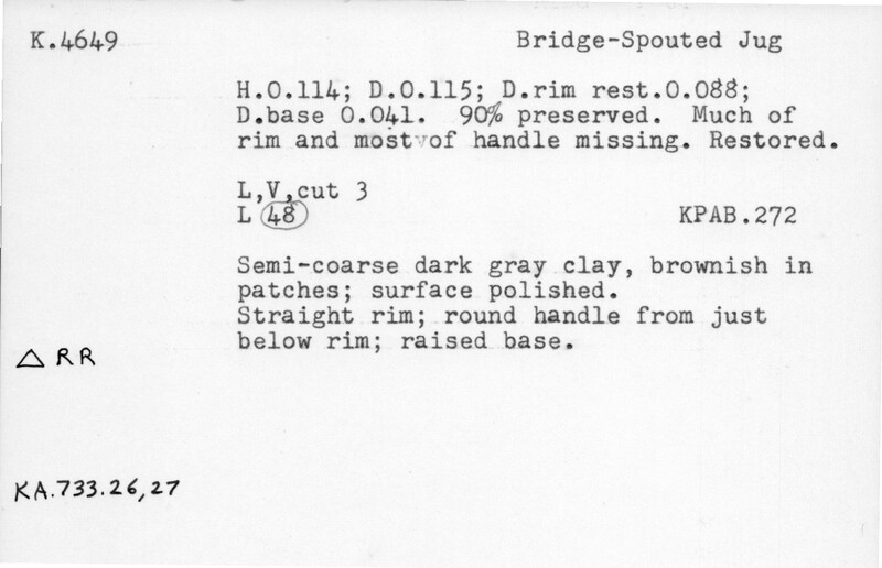 Index card with typed and handwritten information, sometimes including a sketch, of pottery from an excavation.