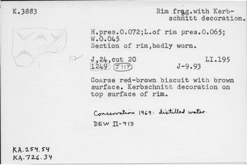 Index card with typed and handwritten information, sometimes including a sketch, of pottery from an excavation.