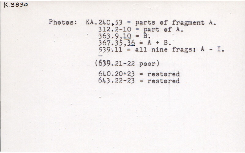 Index card with typed and handwritten information, sometimes including a sketch, of pottery from an excavation.