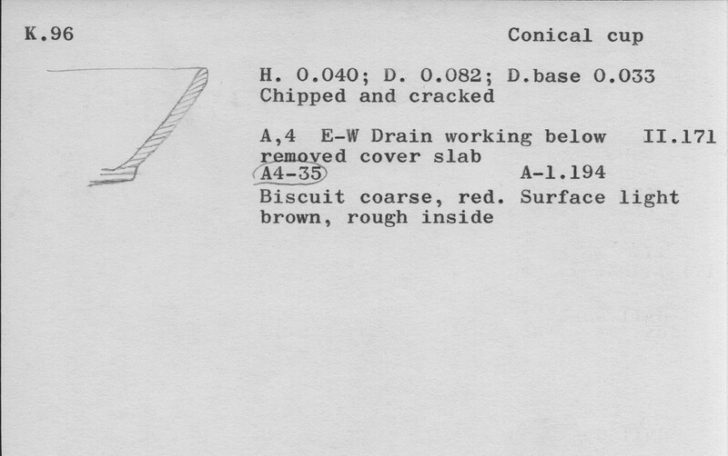 Index card with typed and handwritten information, sometimes including a sketch, of pottery from an excavation.