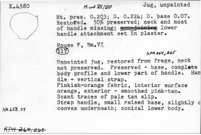 Index card with typed and handwritten information, sometimes including a sketch, of pottery from an excavation.