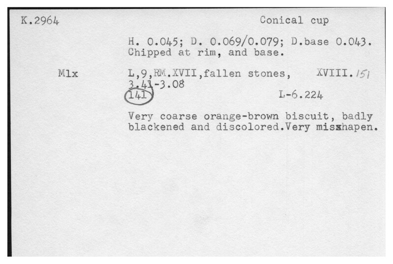 Index card with typed and handwritten information, sometimes including a sketch, of pottery from an excavation.