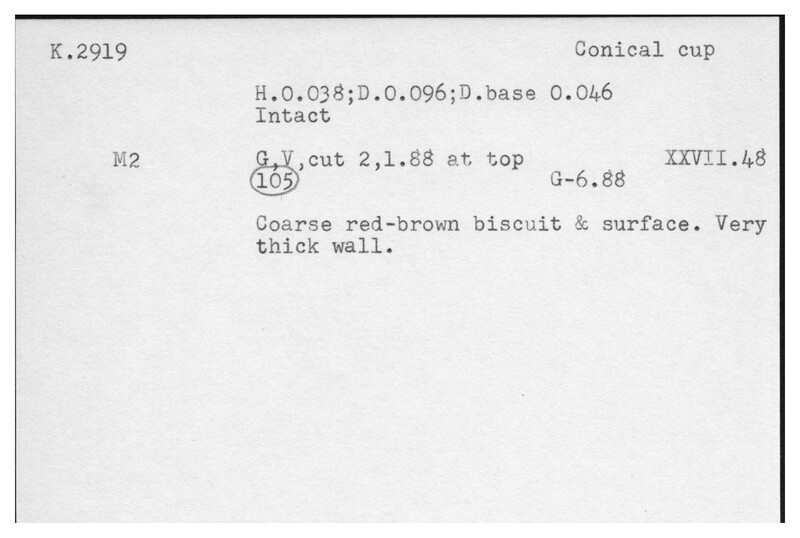 Index card with typed and handwritten information, sometimes including a sketch, of pottery from an excavation.
