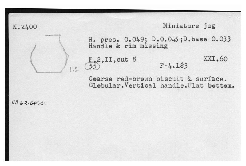 Index card with typed and handwritten information, sometimes including a sketch, of pottery from an excavation.