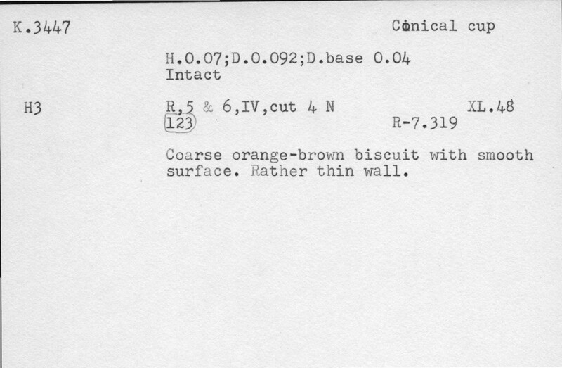 Index card with typed and handwritten information, sometimes including a sketch, of pottery from an excavation.