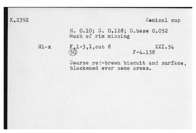 Index card with typed and handwritten information, sometimes including a sketch, of pottery from an excavation.