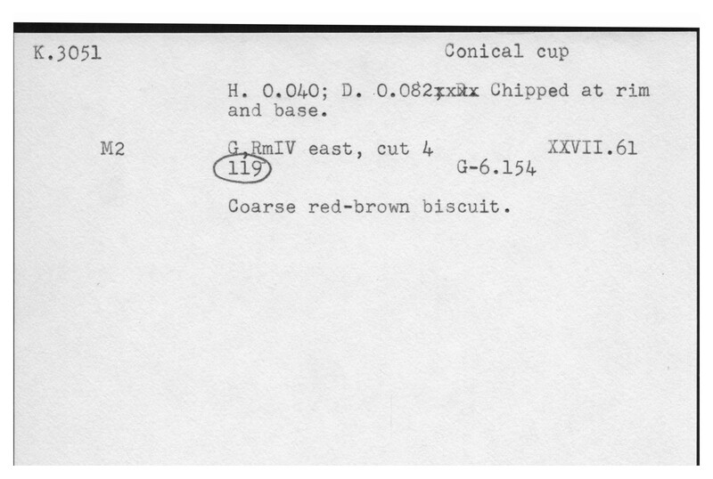 Index card with typed and handwritten information, sometimes including a sketch, of pottery from an excavation.
