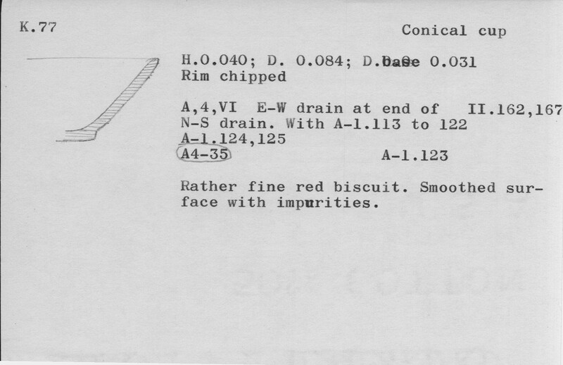 Index card with typed and handwritten information, sometimes including a sketch, of pottery from an excavation.