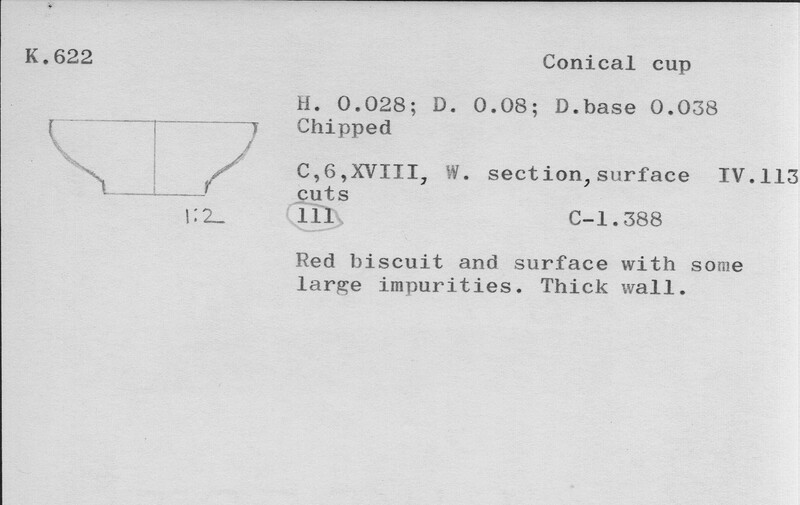 Index card with typed and handwritten information, sometimes including a sketch, of pottery from an excavation.