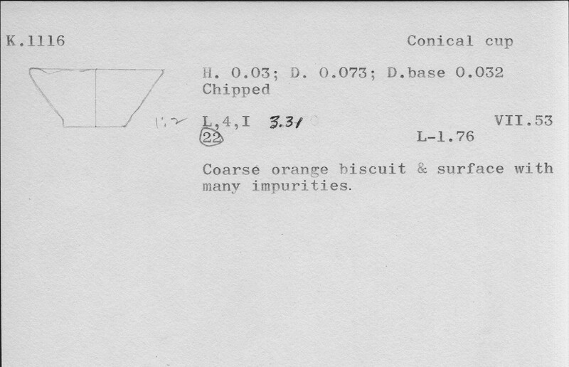 Index card with typed and handwritten information, sometimes including a sketch, of pottery from an excavation.