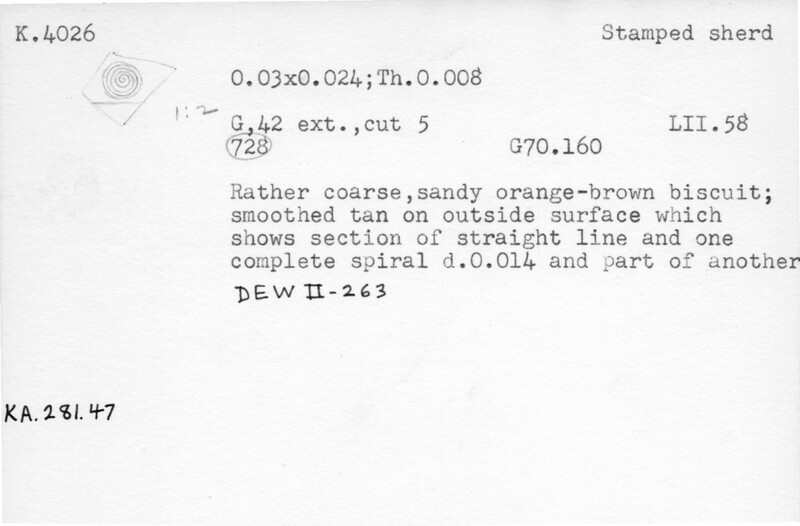 Index card with typed and handwritten information, sometimes including a sketch, of pottery from an excavation.