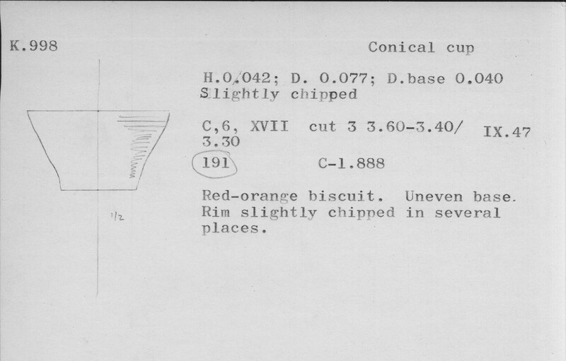 Index card with typed and handwritten information, sometimes including a sketch, of pottery from an excavation.