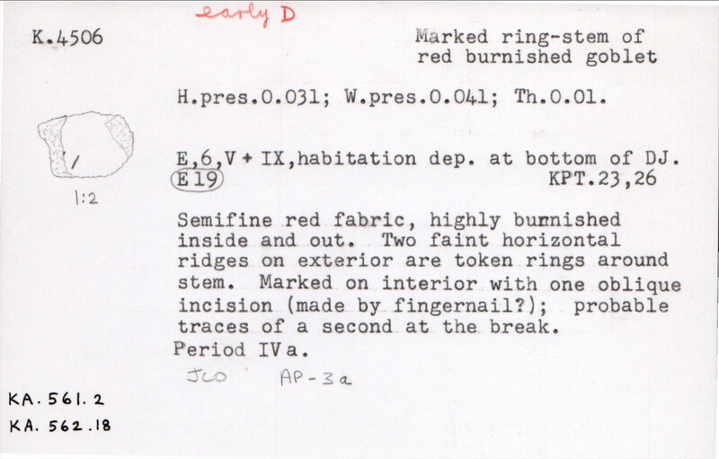 Index card with typed and handwritten information, sometimes including a sketch, of pottery from an excavation.