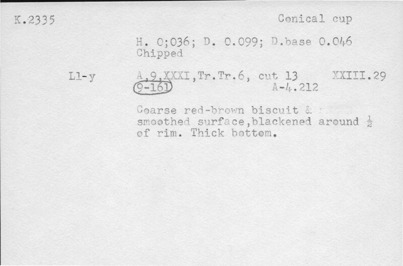 Index card with typed and handwritten information, sometimes including a sketch, of pottery from an excavation.