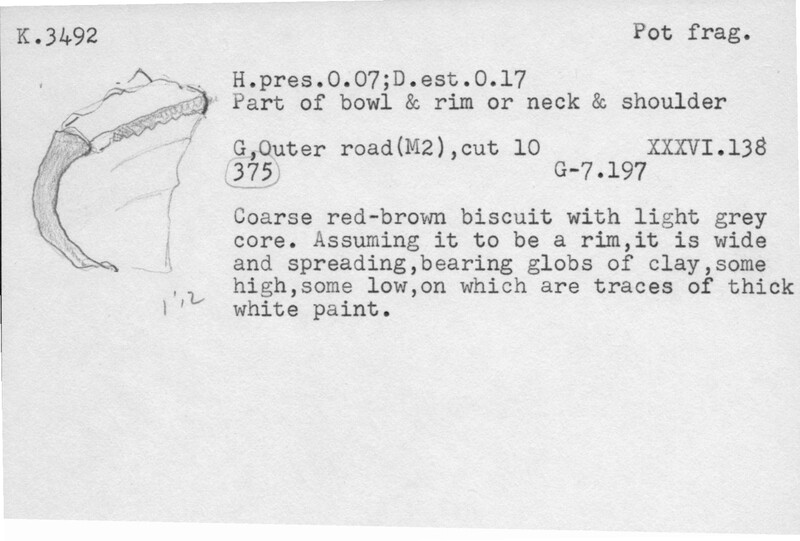 Index card with typed and handwritten information, sometimes including a sketch, of pottery from an excavation.