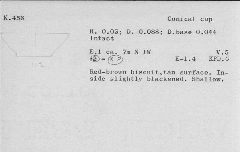 Index card with typed and handwritten information, sometimes including a sketch, of pottery from an excavation.