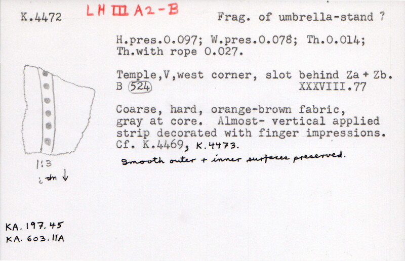 Index card with typed and handwritten information, sometimes including a sketch, of pottery from an excavation.