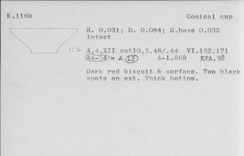 Index card with typed and handwritten information, sometimes including a sketch, of pottery from an excavation.