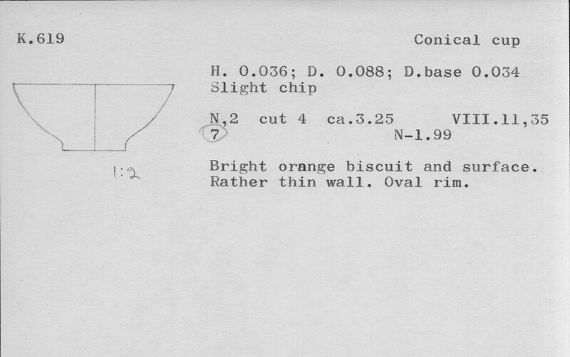 Index card with typed and handwritten information, sometimes including a sketch, of pottery from an excavation.