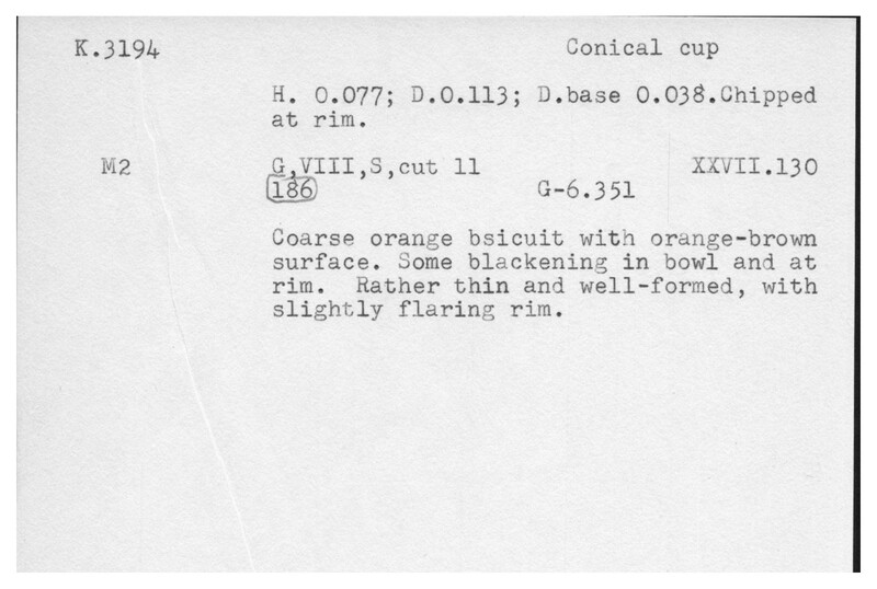 Index card with typed and handwritten information, sometimes including a sketch, of pottery from an excavation.