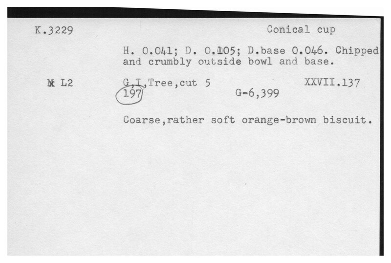 Index card with typed and handwritten information, sometimes including a sketch, of pottery from an excavation.