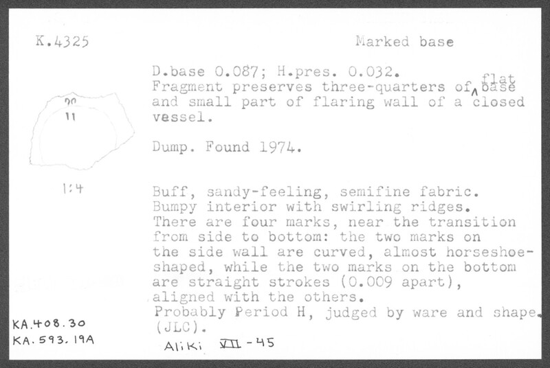 Index card with typed and handwritten information, sometimes including a sketch, of pottery from an excavation.