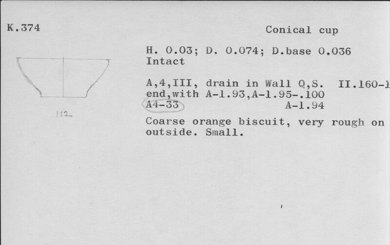 Index card with typed and handwritten information, sometimes including a sketch, of pottery from an excavation.