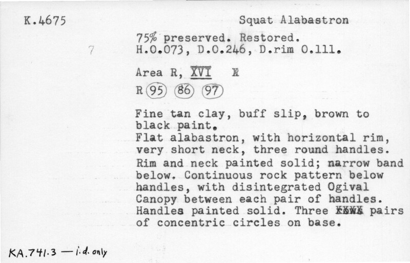 Index card with typed and handwritten information, sometimes including a sketch, of pottery from an excavation.