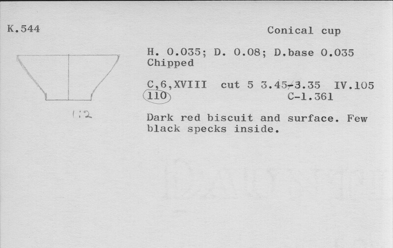 Index card with typed and handwritten information, sometimes including a sketch, of pottery from an excavation.