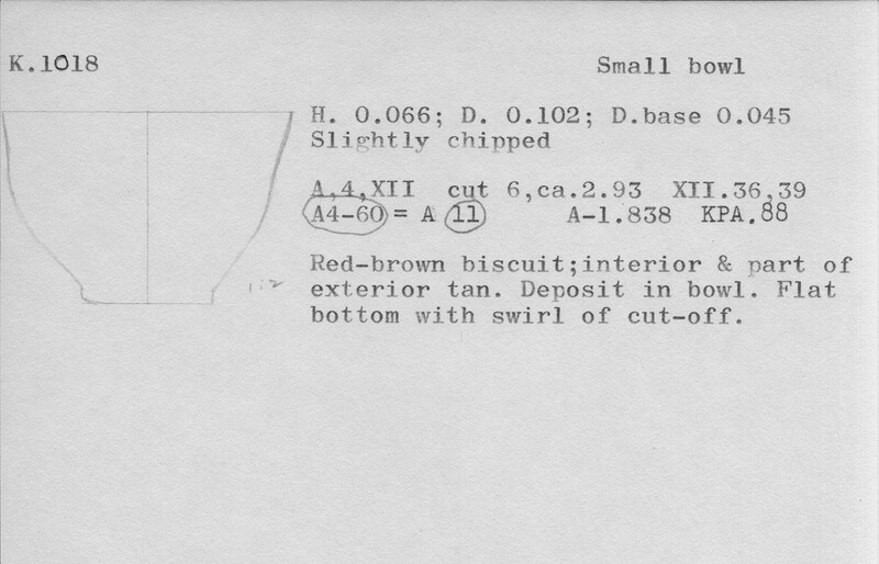 Index card with typed and handwritten information, sometimes including a sketch, of pottery from an excavation.